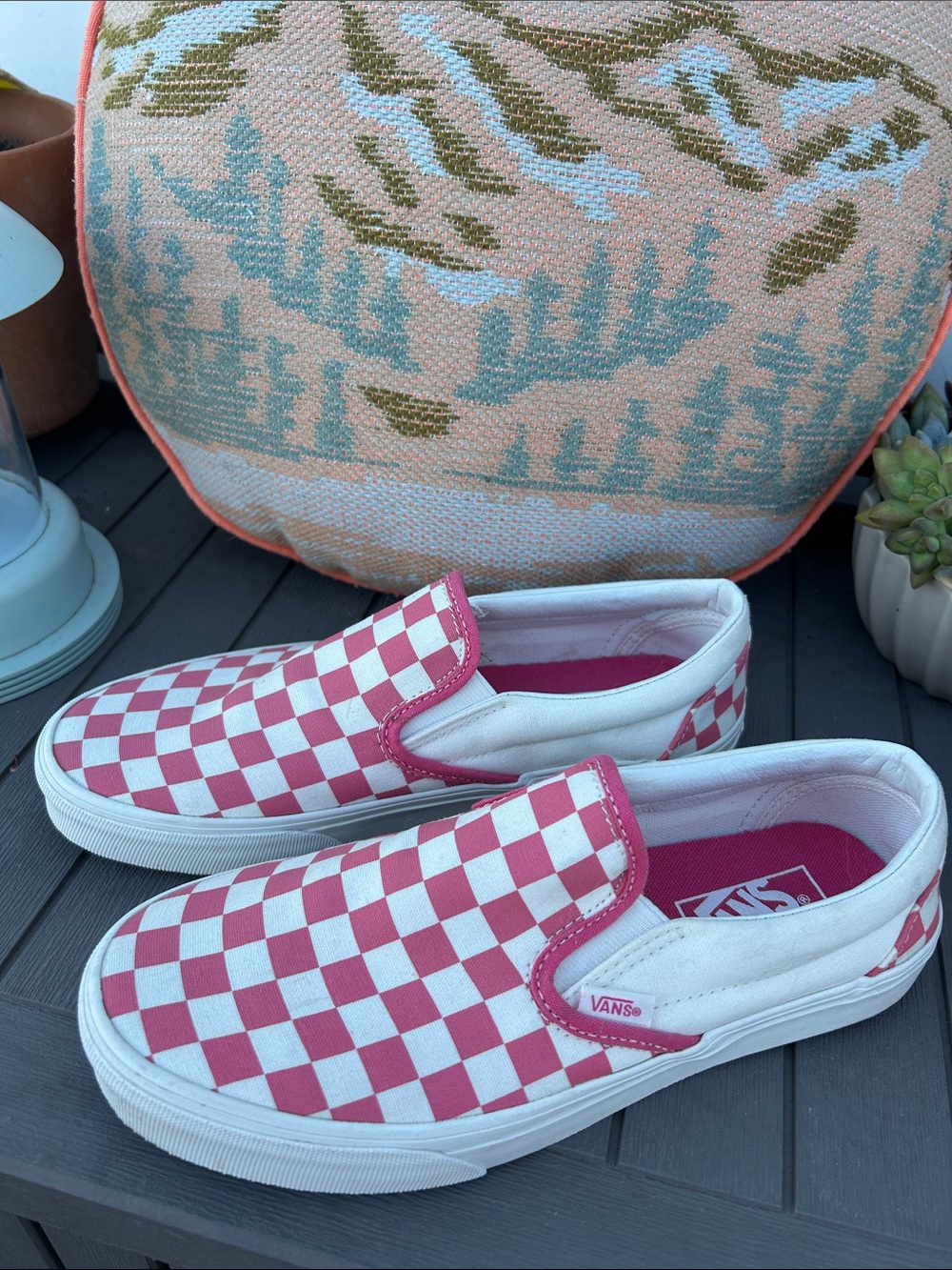 Vans Kids Checkerboard Slip-On in Pink and White